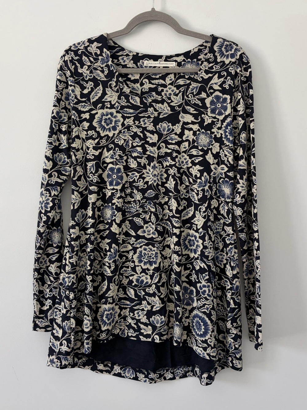 Peruvian Connection Blue Cream Black Floral Long Sleeve Tunic Boho Blouse M